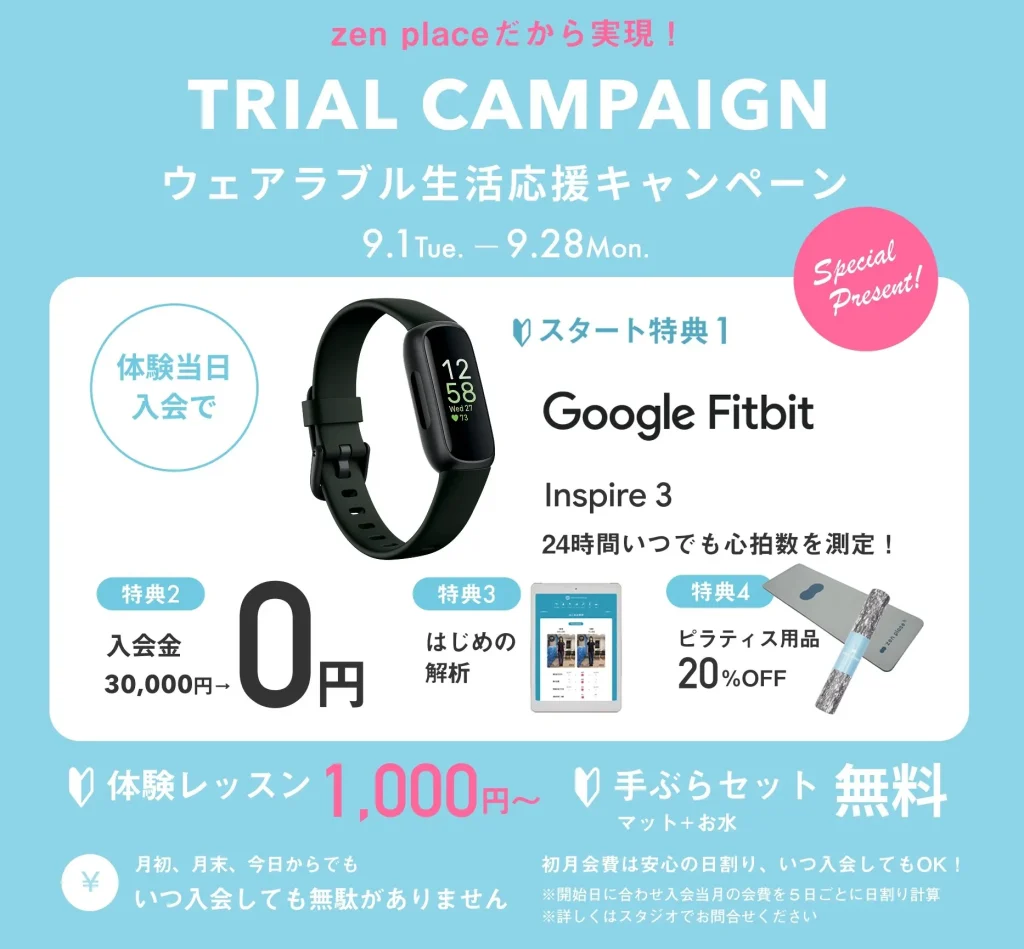 zenplaceのトライアルキャンペーンの内容説明。当日入会するとGoogleFitbitプレゼント・入会金無料